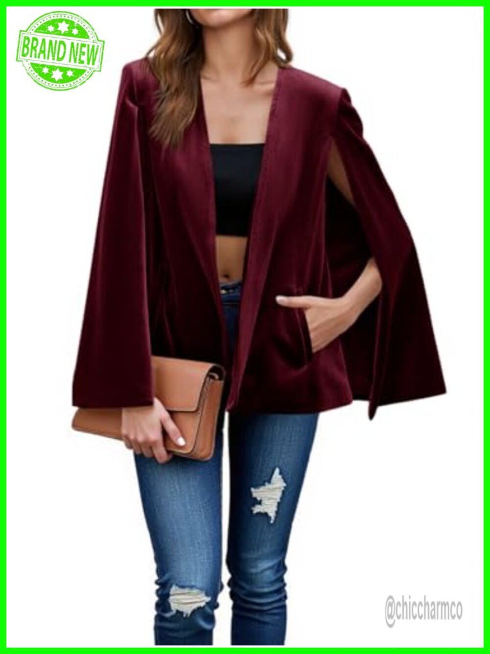 Velvet Cape Blazer Split Long Sleeve Open Front Jacket